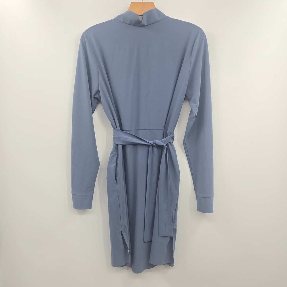ADAY Shirt Dress Medium Blue Stretch Reversible Mock Neck Snap Front Pockets